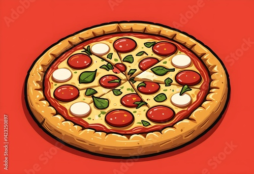 Fun Cartoon Pizza with Red Background Illustration