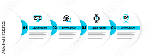 Set line Flippers for swimming, Diving watch, and mask icon. Vector