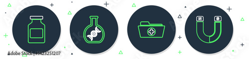 Set line DNA research, search, Health record folder, Medicine bottle and Magnet icon. Vector