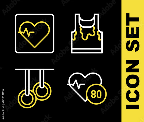 Set line Sweaty sleeveless t-shirt, Heart rate, Gymnastic rings and icon. Vector