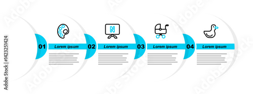 Set line Rubber duck, Baby stroller, Smart Tv and Palette icon. Vector