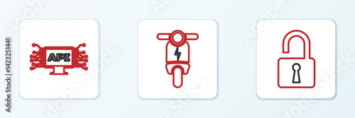 Set line Open padlock, Computer api interface and Electric scooter icon. Vector