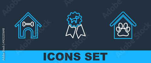 Set line Dog house and paw print pet, bone and award symbol icon. Vector