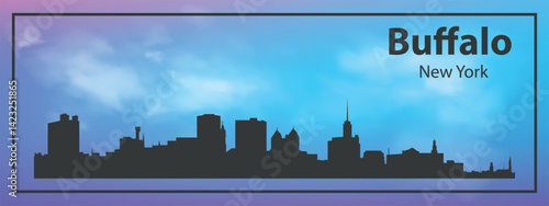 Silhouette of the Buffalo skyline, New York, USA. The view of the city skyline is set against a blue sky with a purple gradient, which creates an atmosphere of calm and evening comfort.