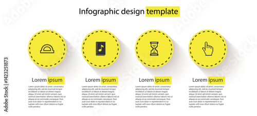 Set Protractor grid, Audio book, Hourglass pixel and Pixel hand cursor. Business infographic template. Vector