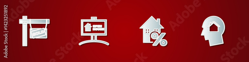 Set Hanging sign with Sold, Open house, House percant and Man dreaming about buying icon. Vector