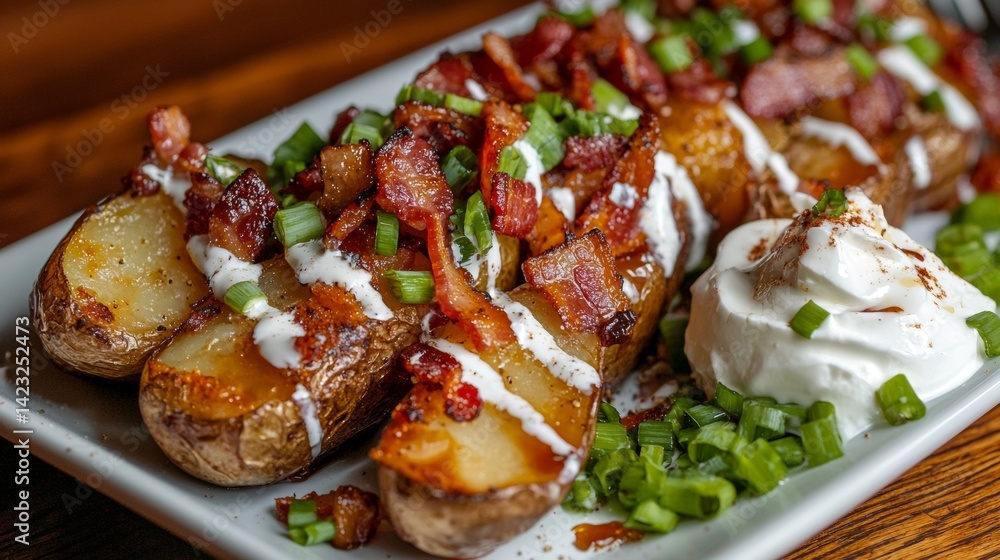 Savory baked potatoes topped with crispy bacon, green onions, and creamy sauce served at a cozy restaurant Savory baked potatoes topped with crispy bacon, green onions, and creamy sauce served at a cozy restaurant
