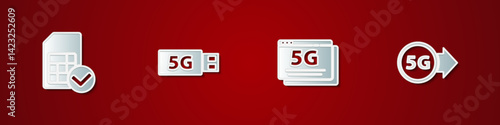 Set Sim card, 5G modem, network and icon. Vector