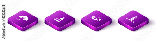 Set Isometric Fan flamenco, Bottle of olive oil, Churros and chocolate and Agbar tower icon. Vector