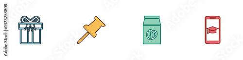 Set Gift box, Push pin, Coffee beans bag and Graduation cap on mobile icon. Vector