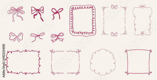 Whimsical coquette ribbon frame, hand drawn line ornament, border y2k romantic retro design element. Wavy curved vintage decor.