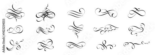 Calligraphy flourish. Letter swirl, pointed pen lettering ornaments and calligraphic lines vector set, Calligraphy flourish. Decorative flourishes ornament, ornamental swirl and vintage scrolls curls.