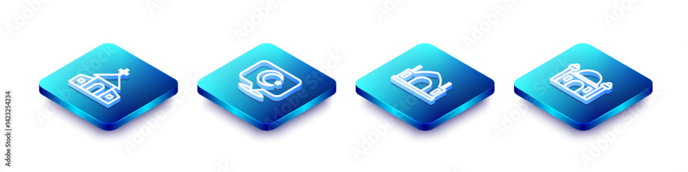 Set Isometric line Church building, Star and crescent, Hindu spiritual temple and Muslim Mosque icon. Vector Set Isometric line Church building, Star and crescent, Hindu spiritual temple and Muslim Mosque icon. Vector