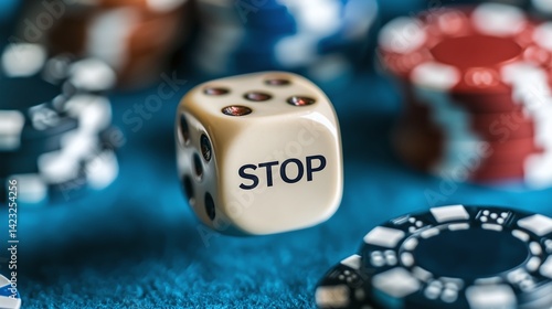 Translucent white die spelling stop positioned near poker chips, symbolizing gambling addiction risks against blue backdrop