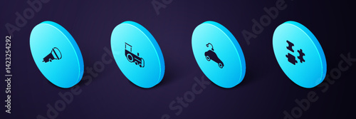 Set Isometric Puzzle pieces toy, Radio controlled car, Toy train and Microphone icon. Vector