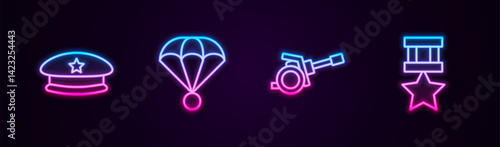Set line Military beret, Parachute, Howitzer and reward medal. Glowing neon icon. Vector