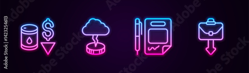 Set line Drop in crude oil price, Storm, Contract money and pen and Briefcase. Glowing neon icon. Vector
