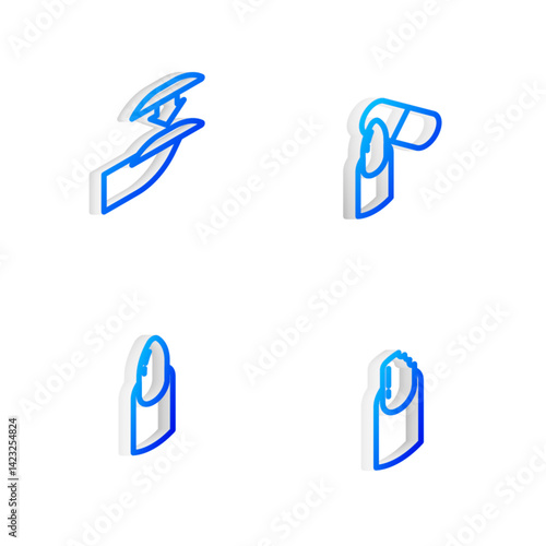Set Isometric line Nail file, False nails, manicure and Broken icon. Vector