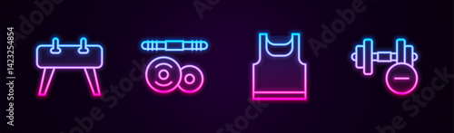 Set line Pommel horse, Barbell, Sleeveless t-shirt and Dumbbell. Glowing neon icon. Vector