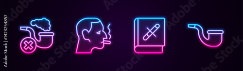 Set line Smoking pipe with smoke, Man smoking a cigarette, Book stop and No. Glowing neon icon. Vector