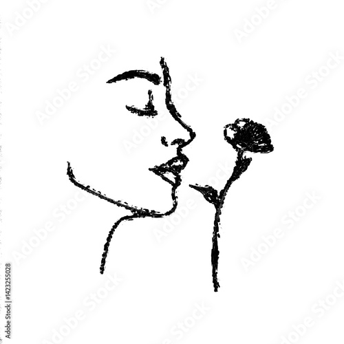 Vector illustration of a woman enjoying the scent of a flower in a minimalist style