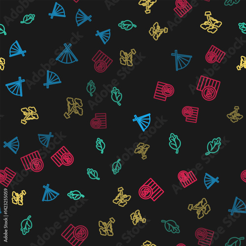 Set line Traditional fan, Kimchi, Bonsai tree and South Korean won coin on seamless pattern. Vector