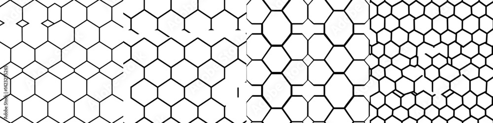 Multiple variations of hexagon patterns showcasing geometric design in vector style for artistic and graphic projects Multiple variations of hexagon patterns showcasing geometric design in vector style for artistic and graphic projects