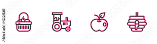 Set line Basket and food, Apple, Tractor and Hive for bees icon. Vector