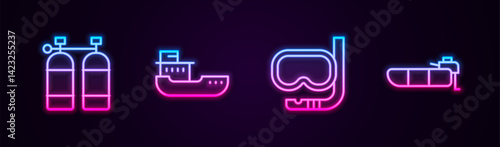 Set line Aqualung, Cargo ship, Diving mask and snorkel and Inflatable boat with motor. Glowing neon icon. Vector