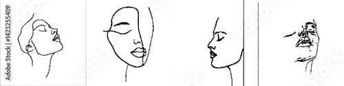Stylized vector illustrations of diverse female heads with artistic line designs capturing various expressions and angles