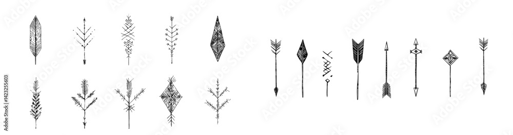 Vector illustration of decorative arrow and spear icons with various designs and patterns for digital projects and graphics Vector illustration of decorative arrow and spear icons with various designs and patterns for digital projects and graphics