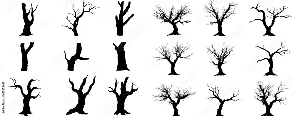 Naklejka premium Silhouette vector illustrations of diverse tree shapes in black and white suitable for design projects