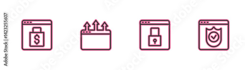 Set line Online shopping on screen, Secure your site with HTTPS, SSL, Browser window and shield icon. Vector