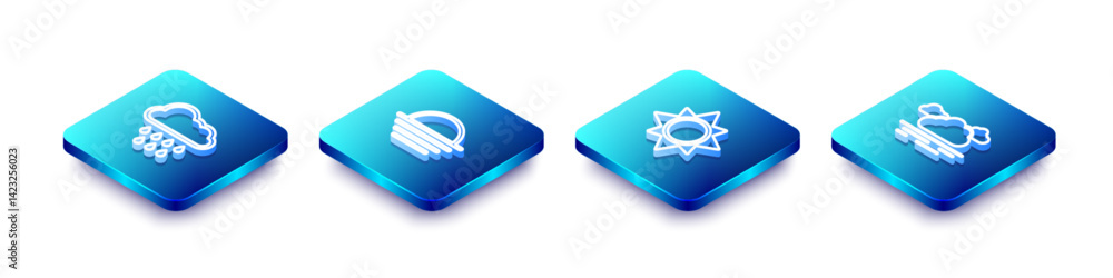 Set Isometric line Cloud with rain, Sunset, and icon. Vector Set Isometric line Cloud with rain, Sunset, and icon. Vector