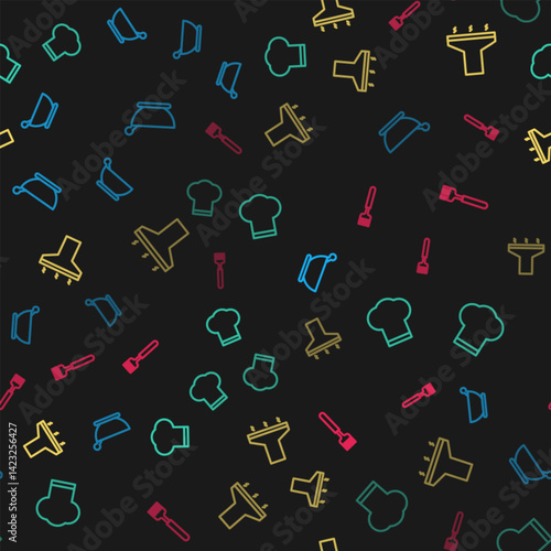 Set line Mortar and pestle, Chef hat, Kitchen extractor fan and Fork on seamless pattern. Vector