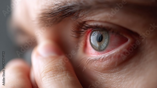 Close-up of man rubbing reddened eye, experiencing discomfort from conjunctival inflammation or eye infection