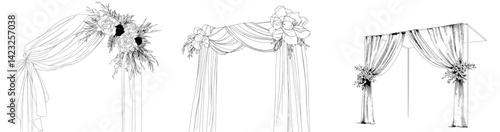 Decorative arch designs showcasing floral arrangements and drapery for event decorations and celebrations