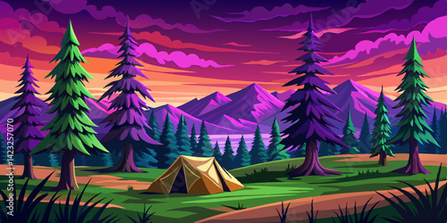 Purple sky of camping scene with tent and pine trees, campfires, and outdoor activities, ideal for adventure and travel related content vector
