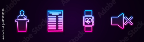 Set line Speaker, Paper or financial check, Smart watch heart beat rate and mute. Glowing neon icon. Vector