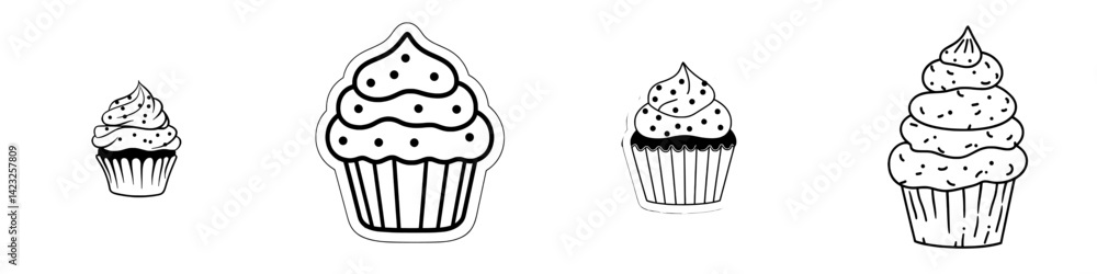 Icon vector illustration of various cupcake designs showcasing different sizes and frosting styles Icon vector illustration of various cupcake designs showcasing different sizes and frosting styles