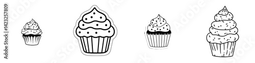 Icon vector illustration of various cupcake designs showcasing different sizes and frosting styles