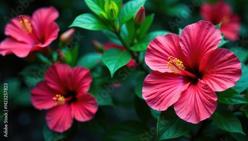 Wallpaper Mural Bold hibiscus blooms, lush tropical foliage, vibrant color palette, bloom, illustration, wallpaper Torontodigital.ca