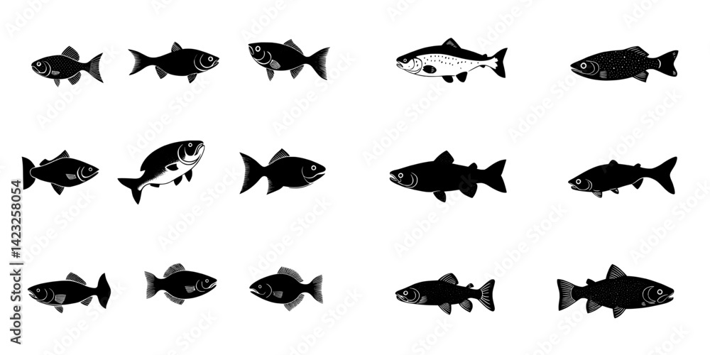 Vector illustration of various fish icons with distinct shapes and patterns suitable for graphic design projects Vector illustration of various fish icons with distinct shapes and patterns suitable for graphic design projects