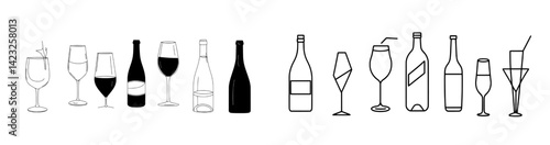 Vector illustration of various drinkware including cocktails, wine glasses, and bottles in a minimalistic style