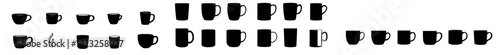 Vector illustration of various coffee mug icons in multiple styles and orientations