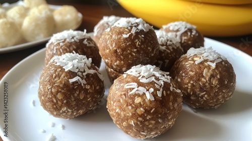 Delicious homemade date energy balls topped with shredded coconut on white plate
