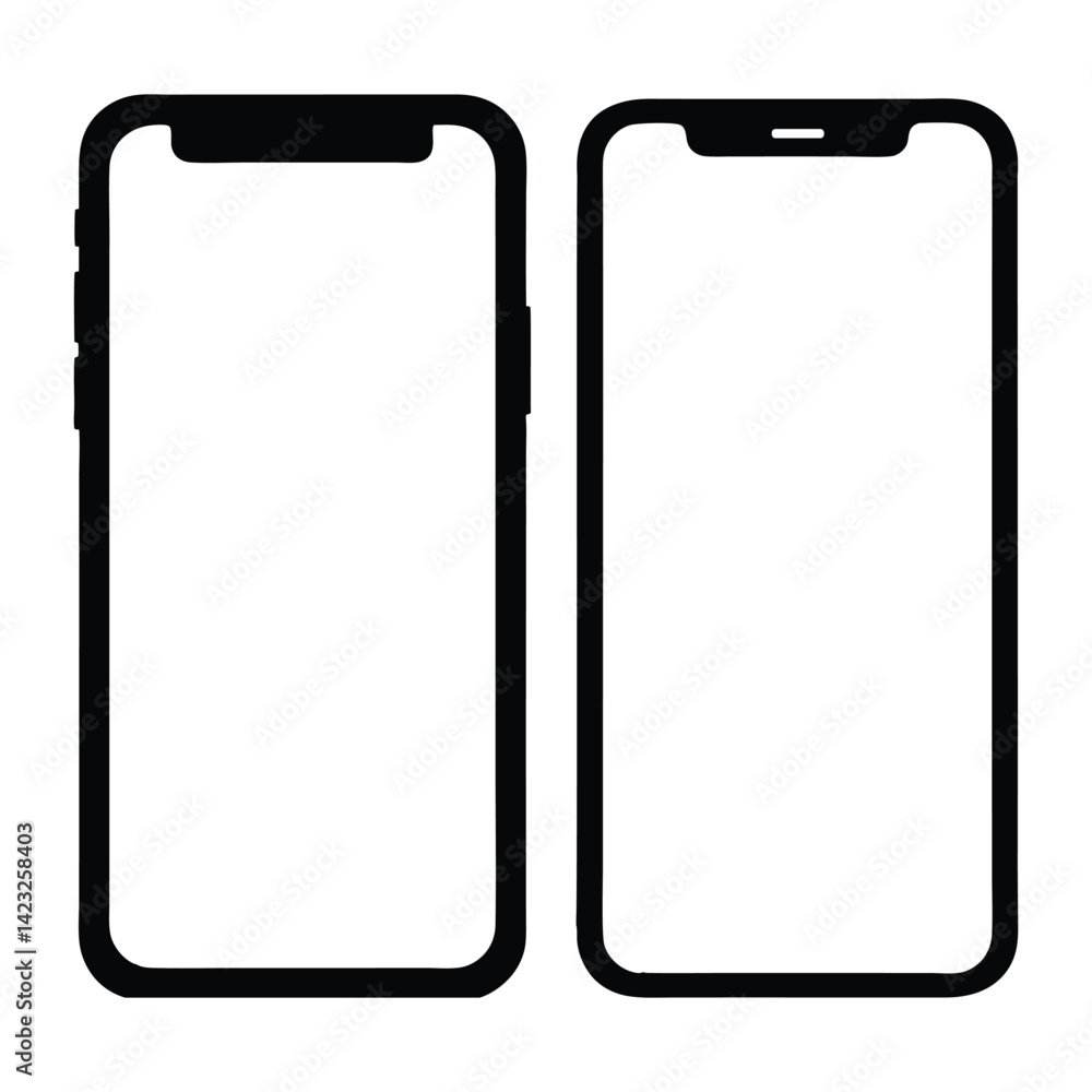 Two Black Smartphone Outlines on White Background Mockup Two Black Smartphone Outlines on White Background Mockup