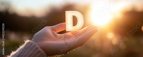 Hand revealing vitamin d letter near sunset, symbolizing health benefits through sunlight exposure
