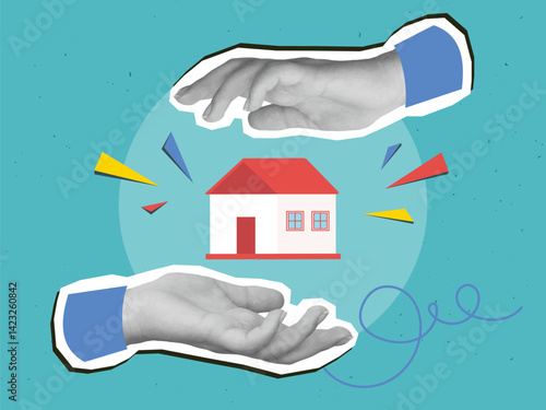 Black and white hands holding a small house with red roof. Modern photo collage style. Vector illustration