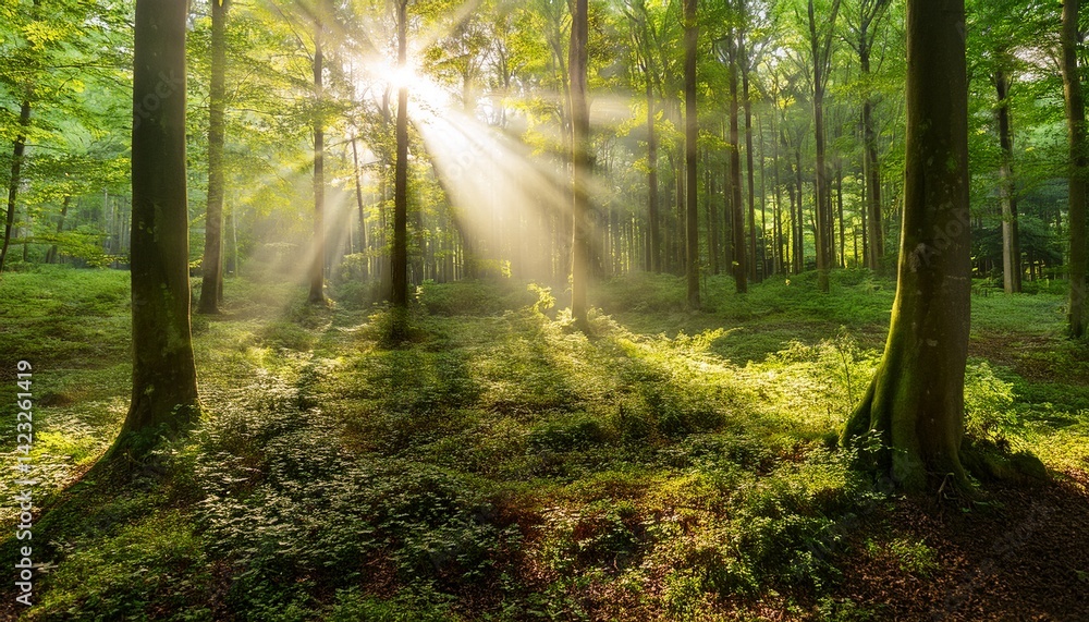 Obraz premium Beautiful rays of sunlight in a green forest